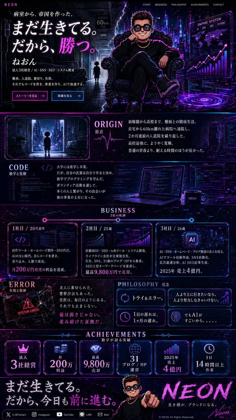 NEON まだ生きてる。病室から帝国を作ったストーリー、事業、信念、実績をまとめたネオン調ページ